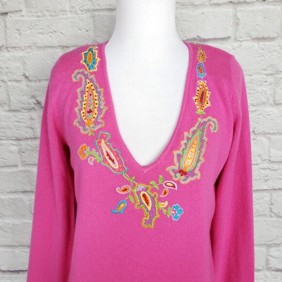 Ralph Lauren Black Label Embroidered Pink V-Neck Cashmere Sweater Size M - Picture 2 of 14